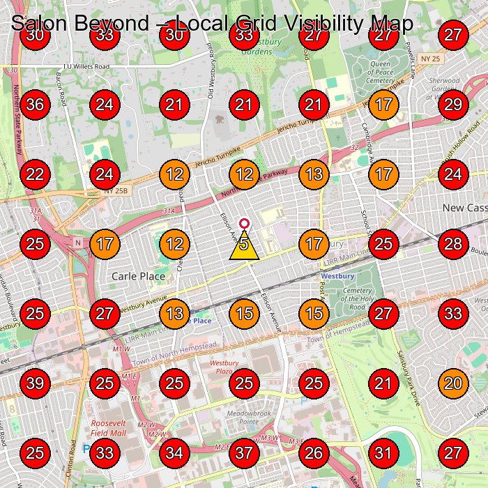 Salon Beyond GeoGrid visibility map for Nail Salon in Carle Place